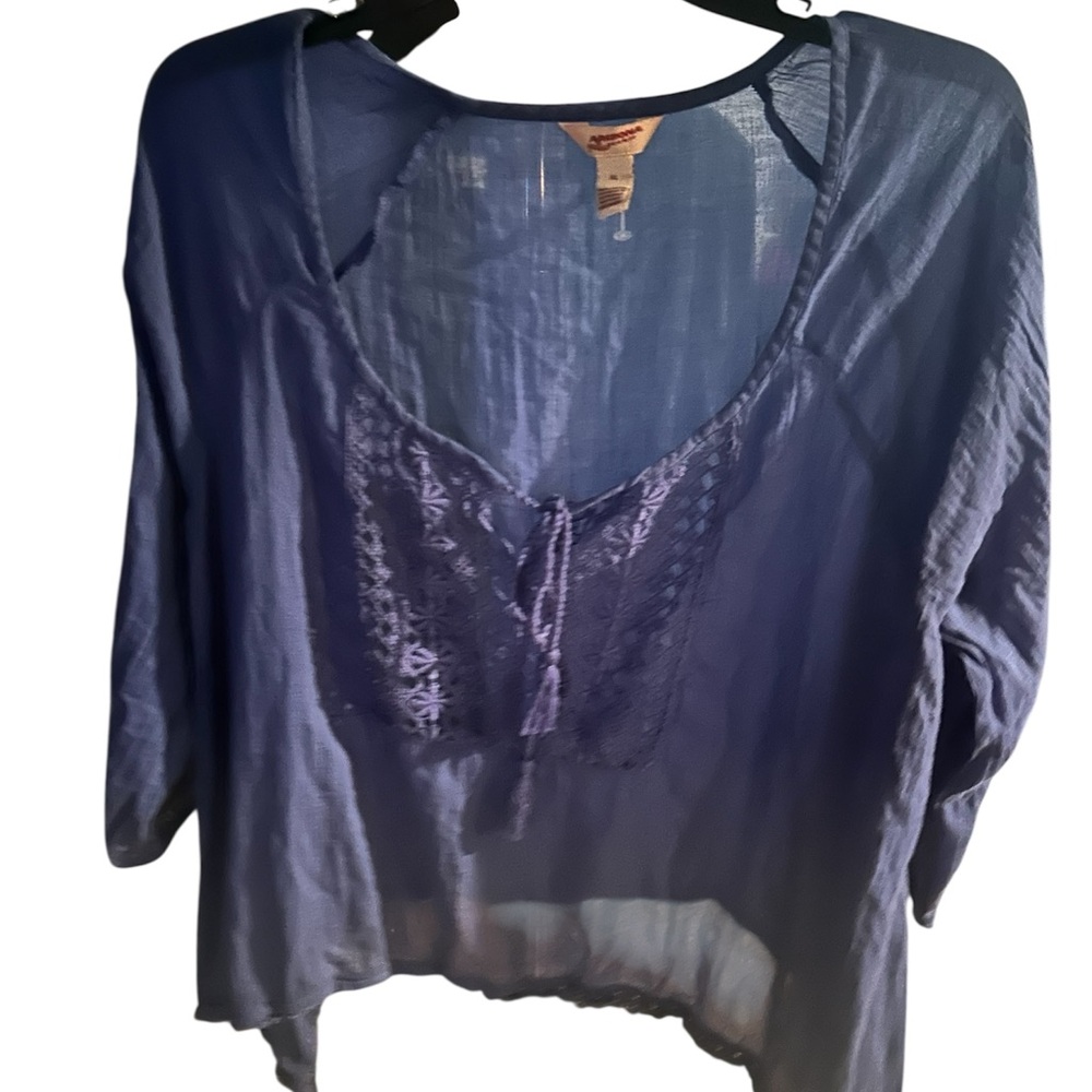 Arizona Jean Company Lace-Trimmed Blue Blouse